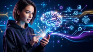 Una aplicación móvil con un cerebro abstracto brillando en el centro, simbolizando la inteligencia artificial avanzada. Fondo con iconos de datos y automatización.