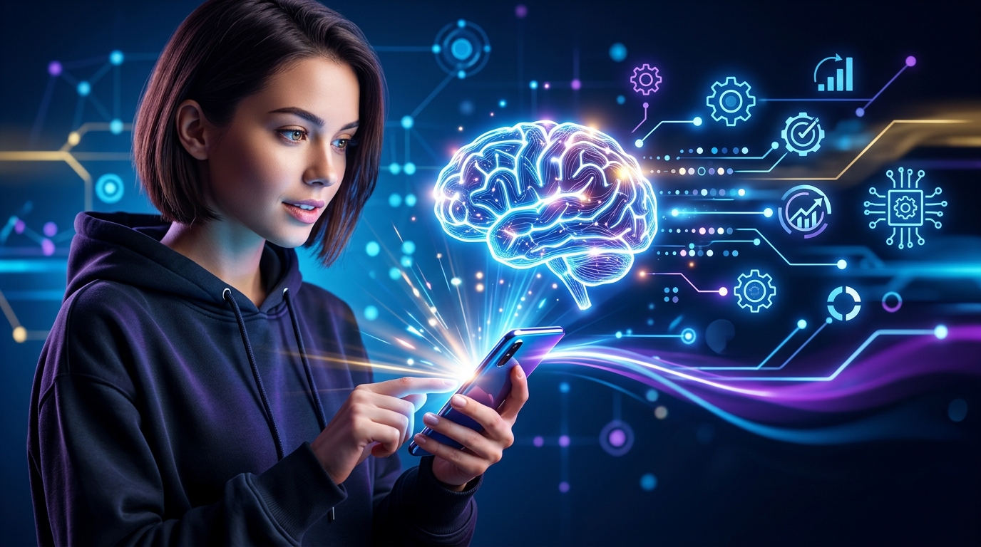 Una aplicación móvil con un cerebro abstracto brillando en el centro, simbolizando la inteligencia artificial avanzada. Fondo con iconos de datos y automatización.