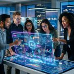 Equipo de profesionales analizando datos y diagramas relacionados con la inteligencia artificial y el desarrollo de productos.