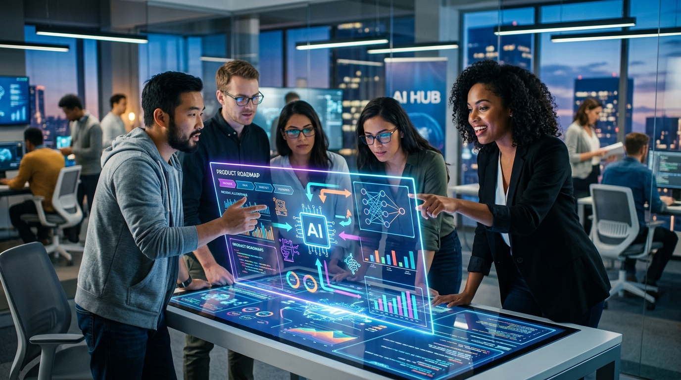 Integrar IA en tu Producto: 7 Errores Comunes que tu Startup o PYME Debe Evitar Equipo de profesionales analizando datos y diagramas relacionados con la inteligencia artificial y el desarrollo de productos.