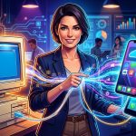Uniendo sistemas legacy con apps modernas: Representación visual de datos fluyendo entre un ordenador antiguo y un smartphone moderno, simbolizando la integración de software antiguo con nuevas tecnologías para PYMES.