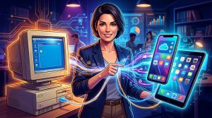 Uniendo sistemas legacy con apps modernas: Representación visual de datos fluyendo entre un ordenador antiguo y un smartphone moderno, simbolizando la integración de software antiguo con nuevas tecnologías para PYMES.