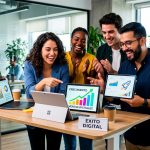 Un grupo de empresarios jóvenes y diversos celebrando el éxito de su negocio digitalizado, con elementos de tabletas, laptops y gráficos de crecimiento, reflejando modernidad y eficiencia.