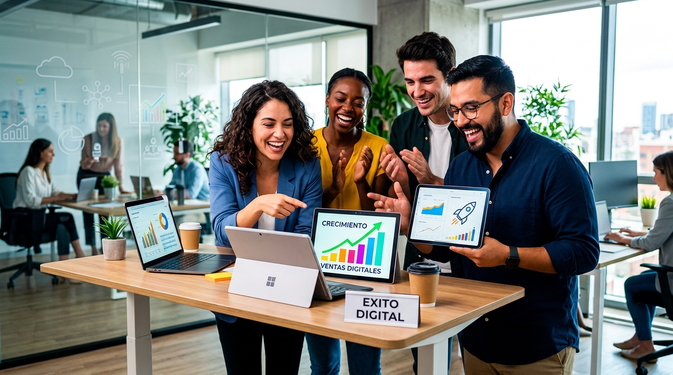 Un grupo de empresarios jóvenes y diversos celebrando el éxito de su negocio digitalizado, con elementos de tabletas, laptops y gráficos de crecimiento, reflejando modernidad y eficiencia.