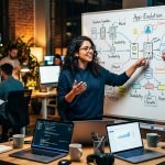 Equipo de desarrollo de apps planificando la evolución y mantenimiento de una aplicación en una pizarra