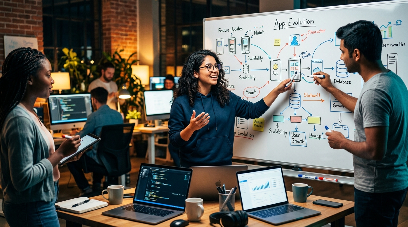 Más allá del MVP: Por qué el mantenimiento y la evolución de tu app son claves para el éxito a largo plazo Equipo de desarrollo de apps planificando la evolución y mantenimiento de una aplicación en una pizarra