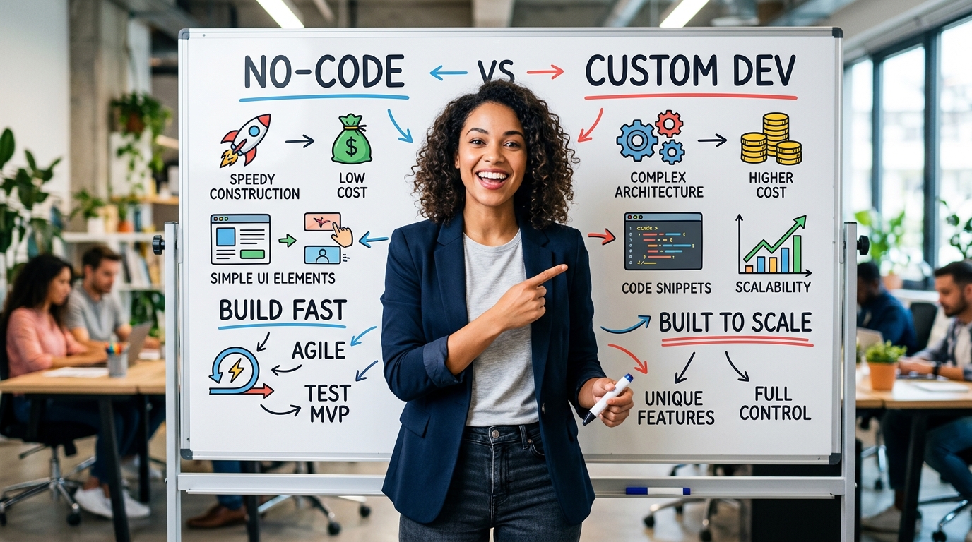 Fundador de startup evaluando opciones de desarrollo entre no-code y desarrollo a medida en una pizarra con gráficos de crecimiento y costes.