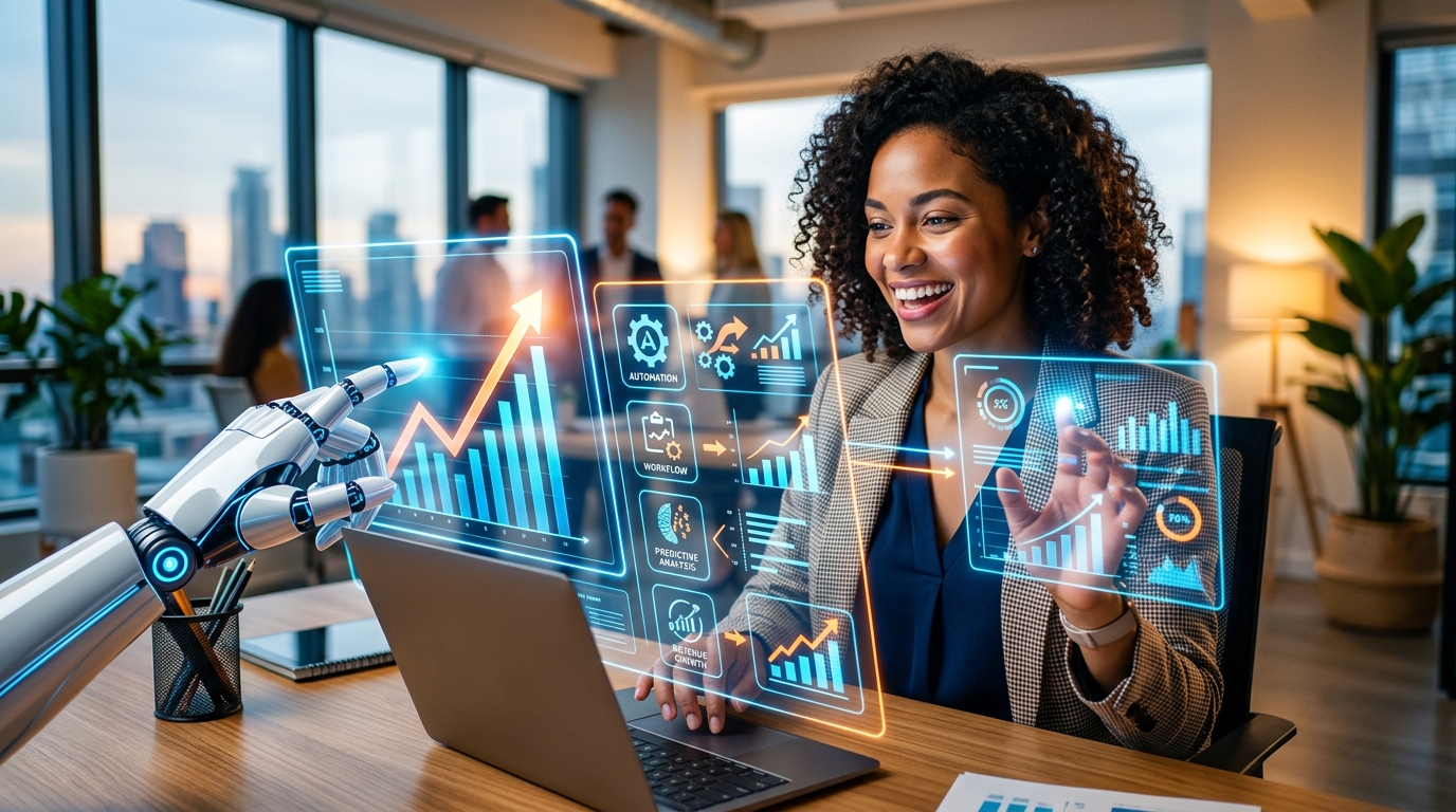 Oportunidades IA en tu Negocio: La Guía para Detectarlas y Automatizar Empresario sonriendo mientras un robot con bombilla señala oportunidades de IA en negocio en un gráfico digital.