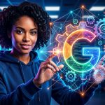 Diagrama de engranajes y líneas de código entrelazados con el logo de Google, simbolizando la optimización SEO técnica para startups.