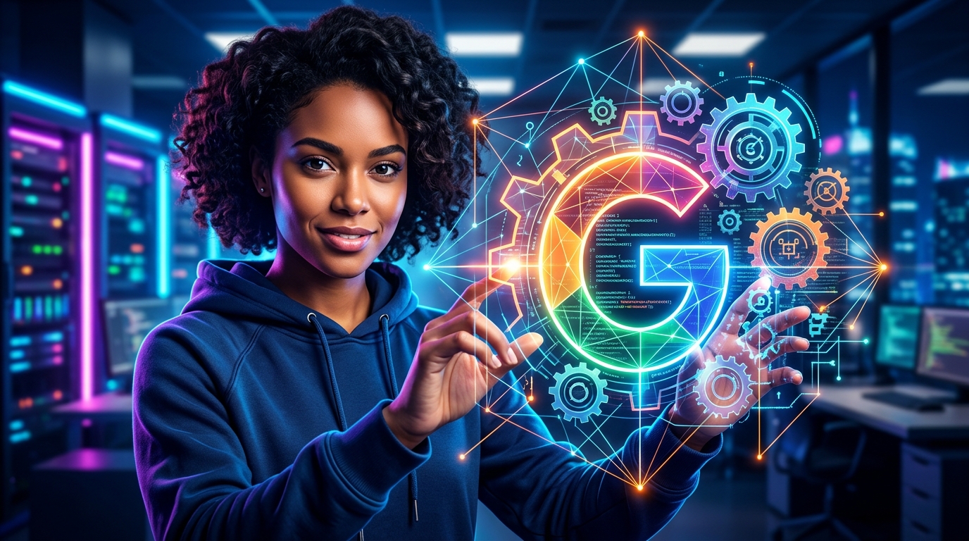 Optimización SEO Técnica: La Base para Startups y Estudios Tech Diagrama de engranajes y líneas de código entrelazados con el logo de Google, simbolizando la optimización SEO técnica para startups.