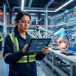 Ilustración de una fábrica moderna con robots y pantallas de datos, simbolizando la digitalización industrial con software a medida y IA