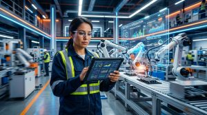 Ilustración de una fábrica moderna con robots y pantallas de datos, simbolizando la digitalización industrial con software a medida y IA