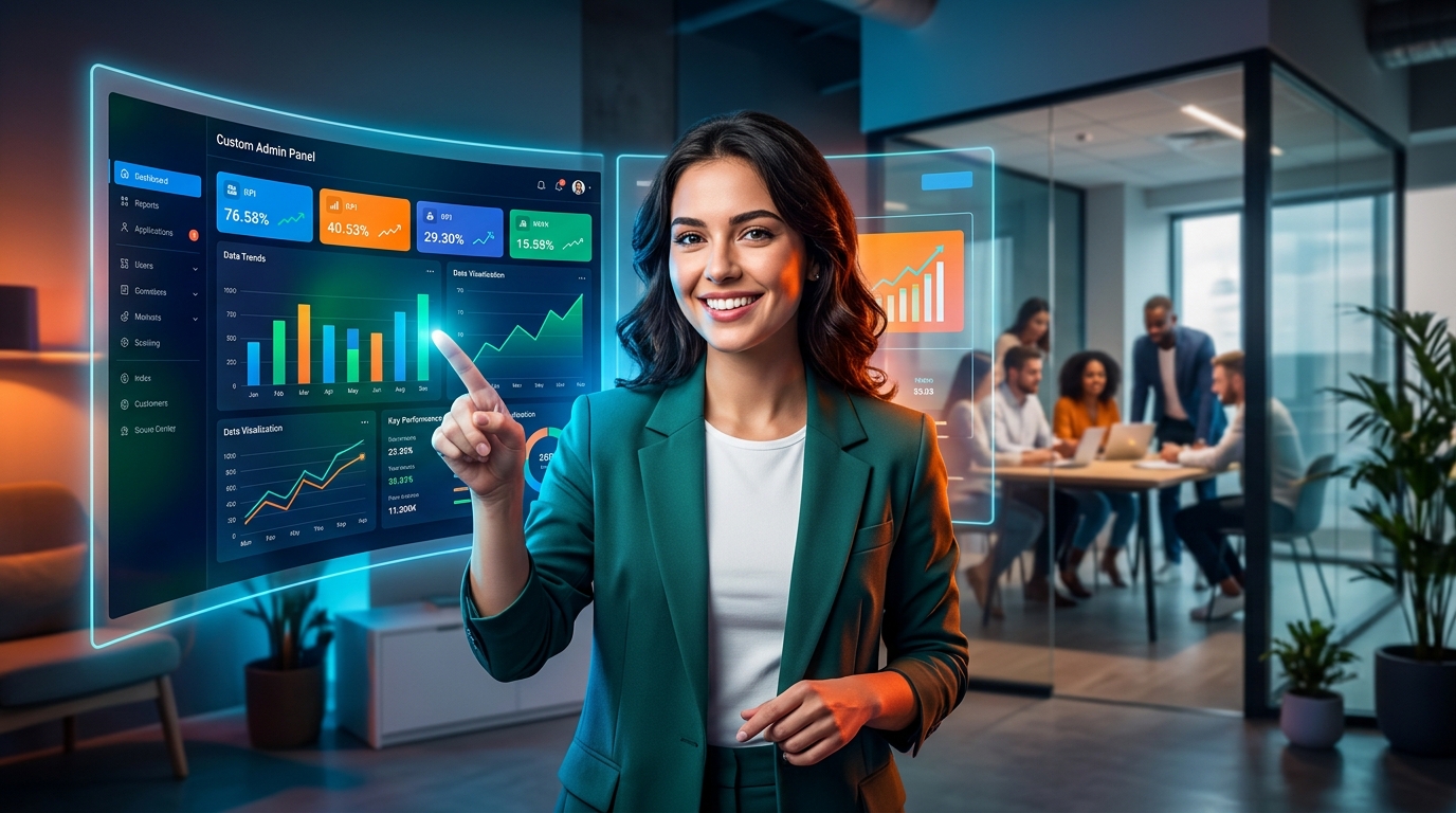 Pantalla de un panel de administración a medida con gráficos y datos de gestión