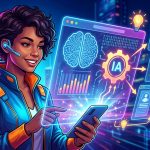 Ilustración de una aplicación móvil con elementos de inteligencia artificial transformando sus funcionalidades, mostrando iconos de optimización y personalización