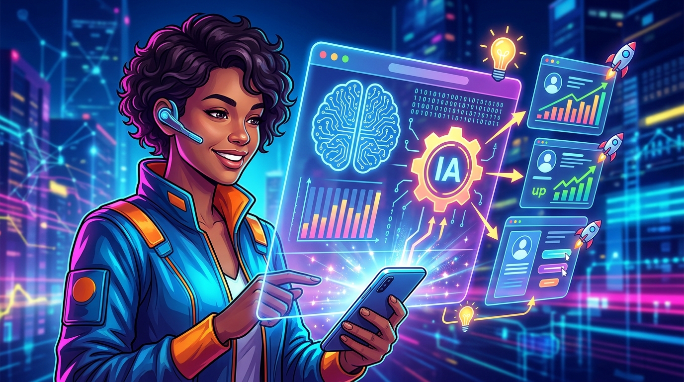 Revoluciona tu App Existente con IA: El Poder del App Enhancement Ilustración de una aplicación móvil con elementos de inteligencia artificial transformando sus funcionalidades, mostrando iconos de optimización y personalización