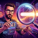 Diagrama de engranajes y código representando el SEO técnico para estudios de desarrollo y su complejidad interna.
