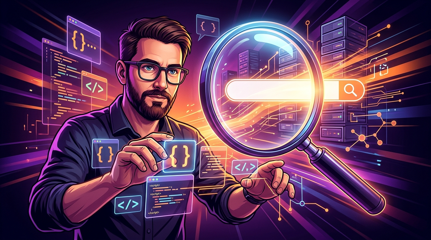 SEO Técnico para Estudios de Desarrollo: La Ingeniería de la Visibilidad Diagrama de engranajes y código representando el SEO técnico para estudios de desarrollo y su complejidad interna.