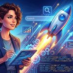 Gráfico de engranajes y un cohete despegando, simbolizando el SEO técnico como motor de crecimiento para startups