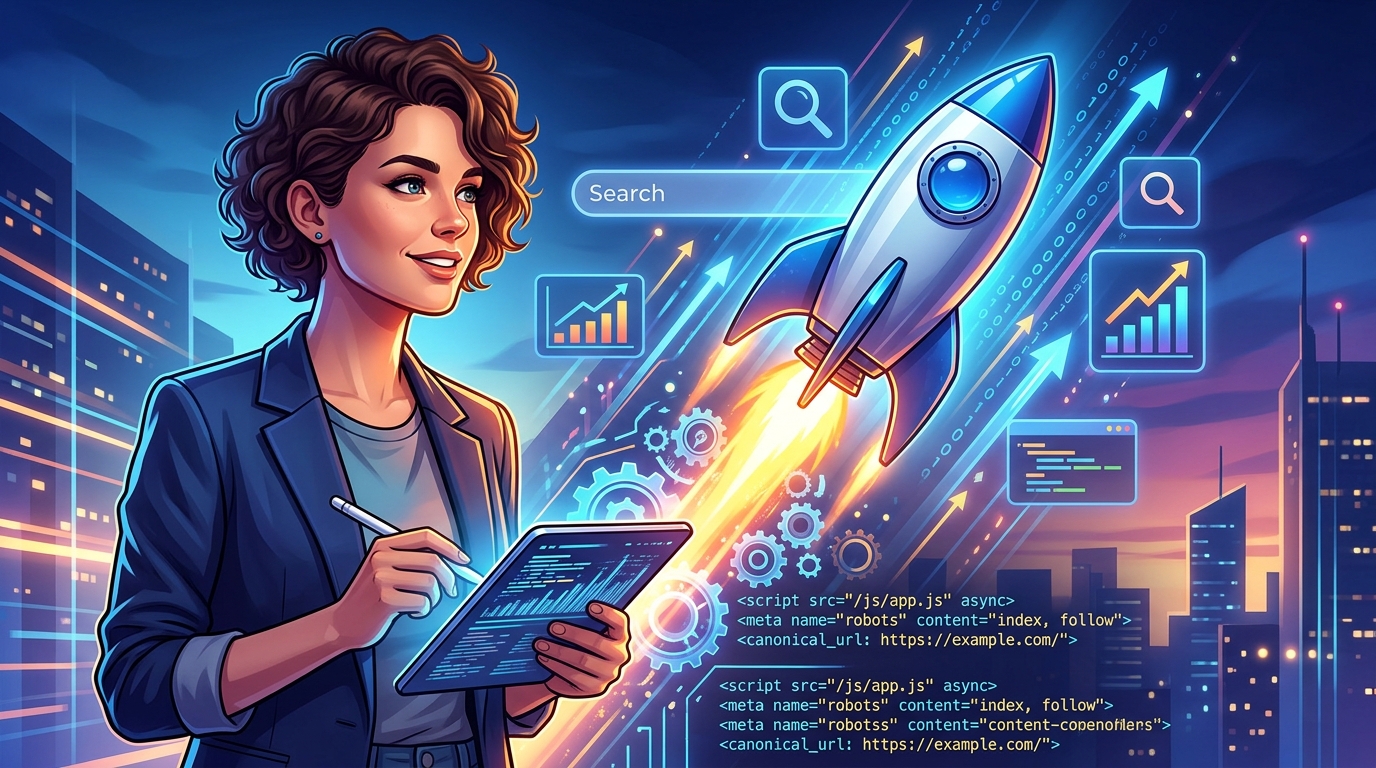 SEO Técnico para Startups: La Estrategia Silenciosa que Dispara tu Crecimiento Gráfico de engranajes y un cohete despegando, simbolizando el SEO técnico como motor de crecimiento para startups