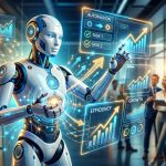 Un robot de inteligencia artificial manejando múltiples pantallas y datos, simbolizando la automatización de tareas repetitivas y la eficiencia en un entorno empresarial.