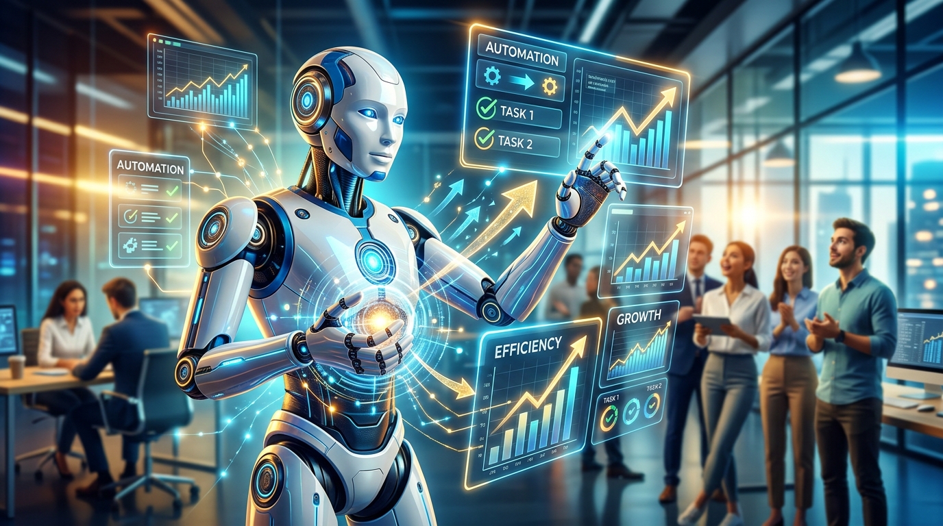 Agentes IA Autónomos: La Clave para Automatizar Tareas Repetitivas y Escalar tu Negocio Un robot de inteligencia artificial manejando múltiples pantallas y datos, simbolizando la automatización de tareas repetitivas y la eficiencia en un entorno empresarial.