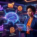 Ilustración de un cerebro digital con conexiones de IA y herramientas de negocio como CRM, email y ERP.
