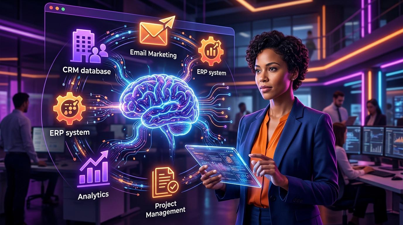 Agentes IA Conectados: El Cerebro Digital que Impulsa tu Negocio Ilustración de un cerebro digital con conexiones de IA y herramientas de negocio como CRM, email y ERP.