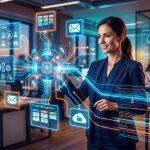 Agente IA conectando con diversas herramientas de negocio, como CRM, ERP y bases de datos, con una interfaz de usuario limpia y futurista.