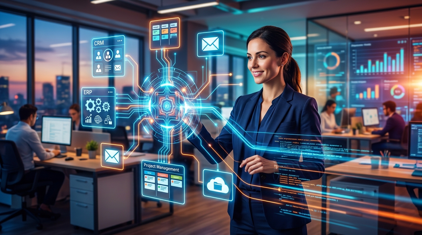 Agentes IA en tu Negocio: Más Allá del Chatbot, Conecta con Herramientas Reales Agente IA conectando con diversas herramientas de negocio, como CRM, ERP y bases de datos, con una interfaz de usuario limpia y futurista.