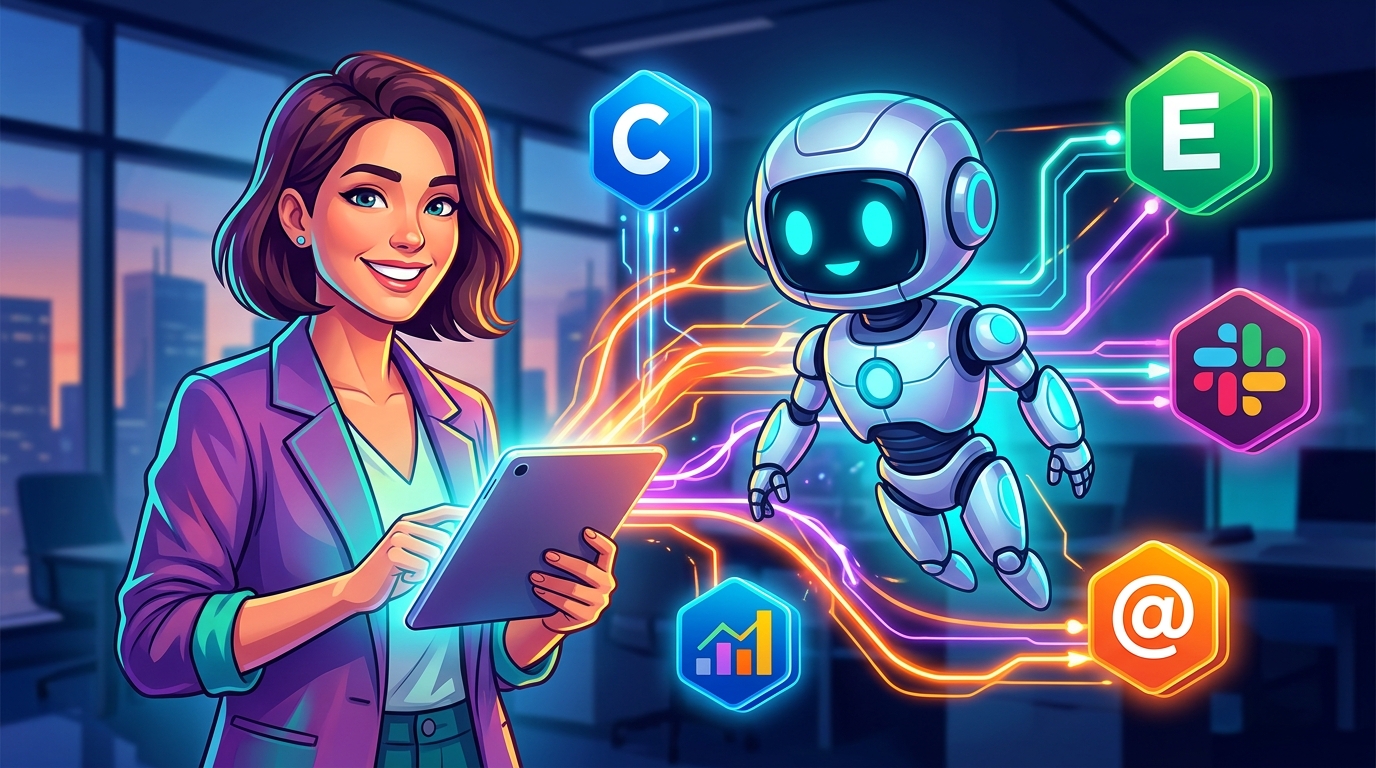 Agentes IA para negocio: Conecta tu IA con herramientas clave y dispara la eficiencia Agentes IA para negocio integrándose con herramientas empresariales como CRM, ERP y Slack, simbolizando automatización y eficiencia.