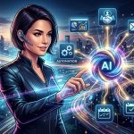 Un Agente IA en forma de asistente digital interactuando con diversas herramientas y aplicaciones de negocio, simbolizando la automatización y la eficiencia. Estilo moderno, limpio y tecnológico.