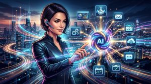Un Agente IA en forma de asistente digital interactuando con diversas herramientas y aplicaciones de negocio, simbolizando la automatización y la eficiencia. Estilo moderno, limpio y tecnológico.