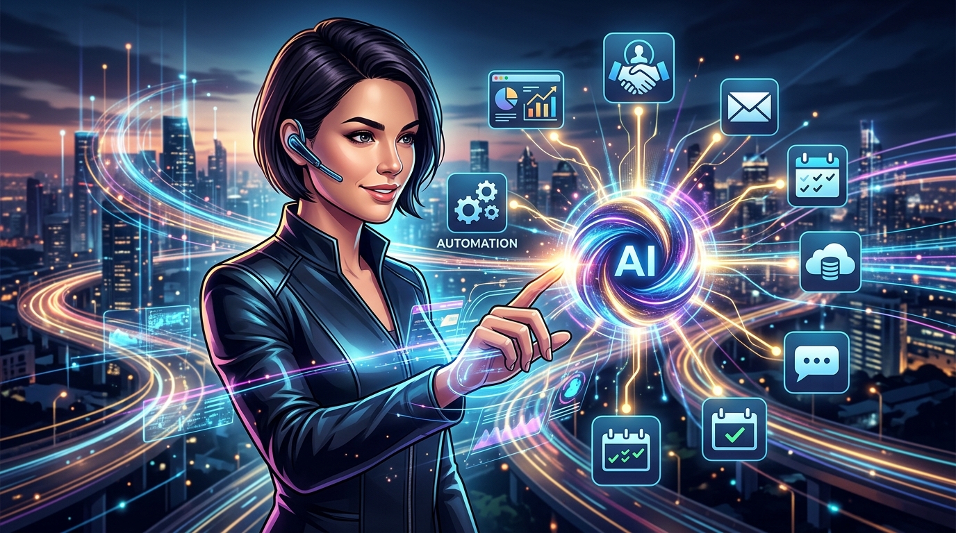 Agentes IA Personalizados: Tu Asistente Digital que Resuelve de Verdad Un Agente IA en forma de asistente digital interactuando con diversas herramientas y aplicaciones de negocio, simbolizando la automatización y la eficiencia. Estilo moderno, limpio y tecnológico.