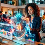 Escudo digital protegiendo una web y datos de PYMES de ciberataques, con un candado y código binario.