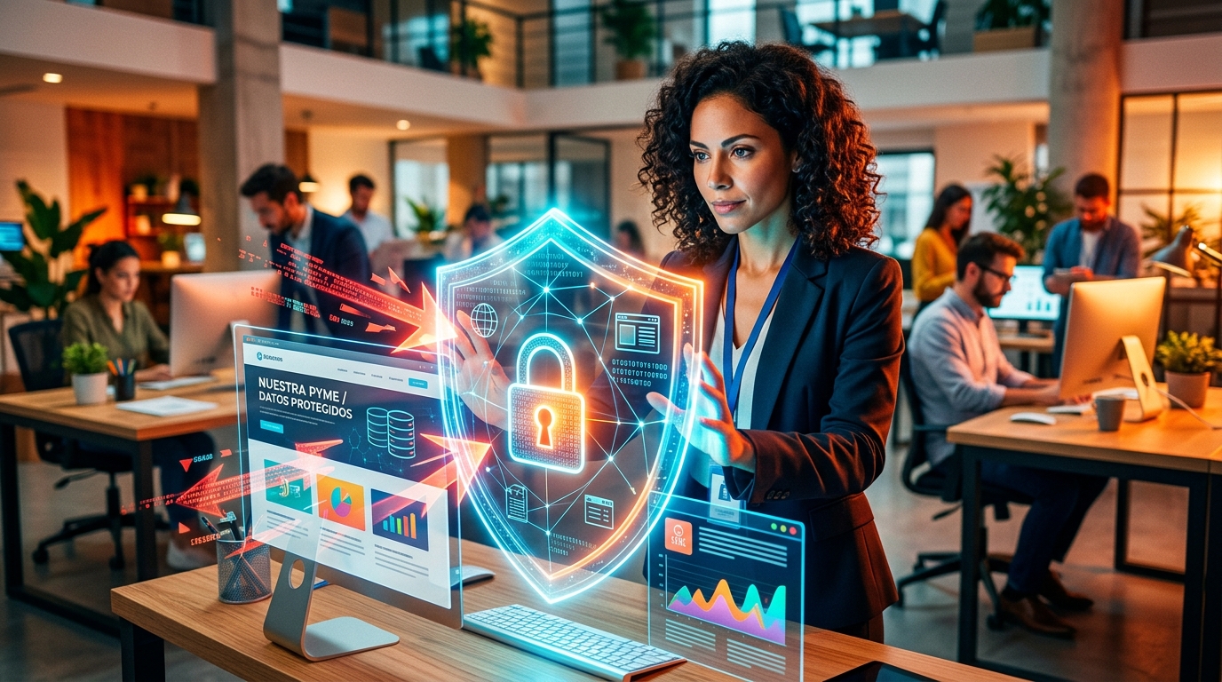 Ciberseguridad para PYMES: Protege tu Web y Datos Sin Ser un Gurú Escudo digital protegiendo una web y datos de PYMES de ciberataques, con un candado y código binario.