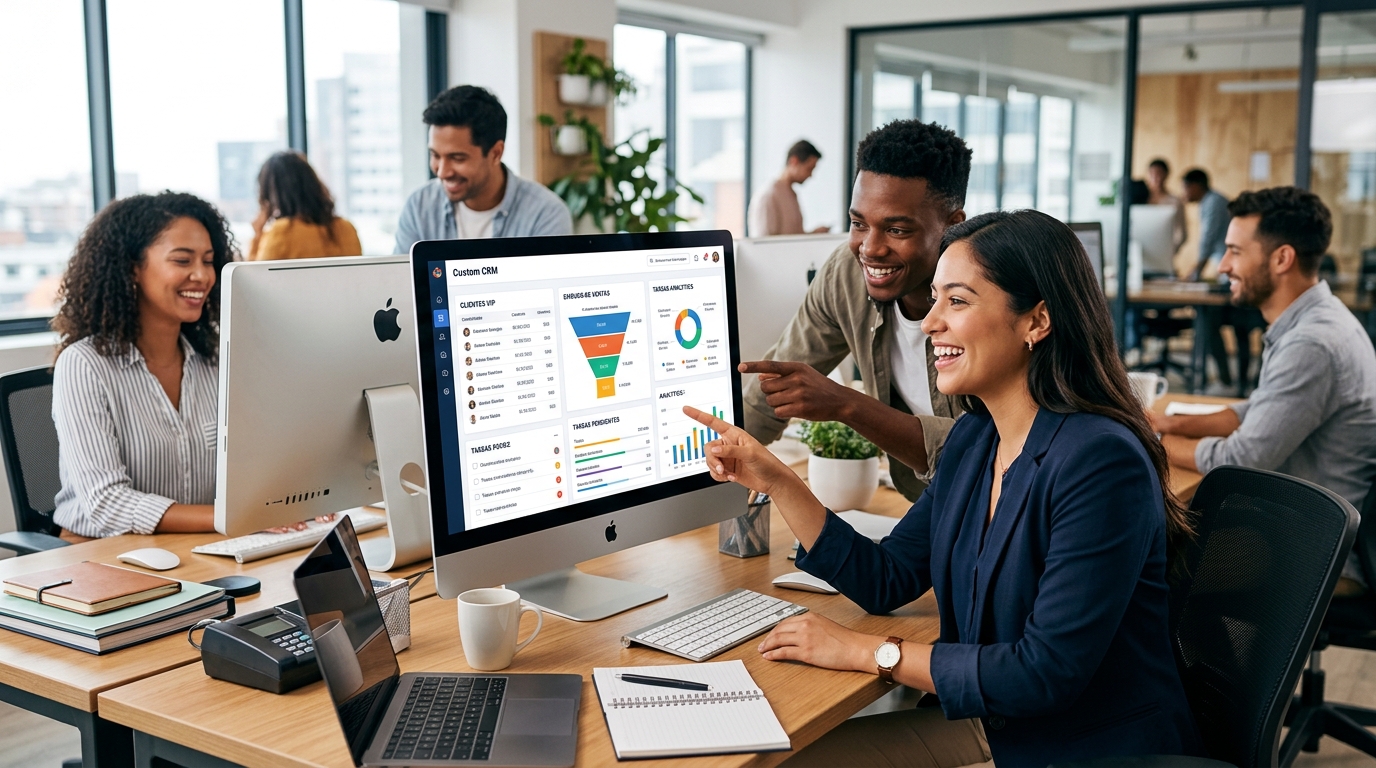 CRM a Medida para PYMES: ¿Cuándo es la Jugada Maestra para tu Negocio? Equipo de PYME sonriendo mientras trabajan eficientemente con una interfaz de software organizada y personalizada en pantallas de ordenador