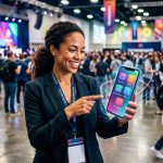Vista aérea de un evento con asistentes usando sus smartphones, superpuesta con elementos de interfaz de una app de eventos a medida