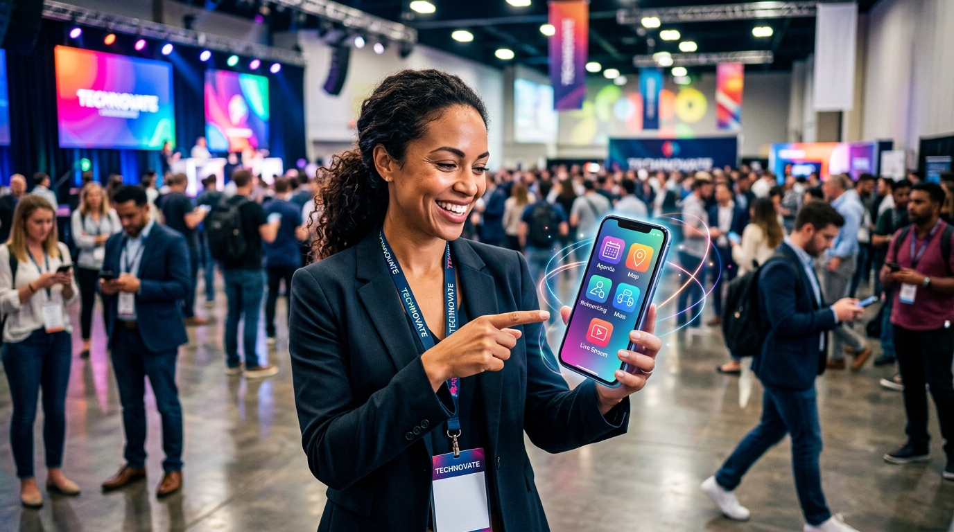 Digitaliza tu Evento: La App a Medida que Conecta Asistentes y Simplifica la Gestión Vista aérea de un evento con asistentes usando sus smartphones, superpuesta con elementos de interfaz de una app de eventos a medida