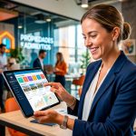 Agente inmobiliario usando una tablet con software a medida para gestionar propiedades y clientes
