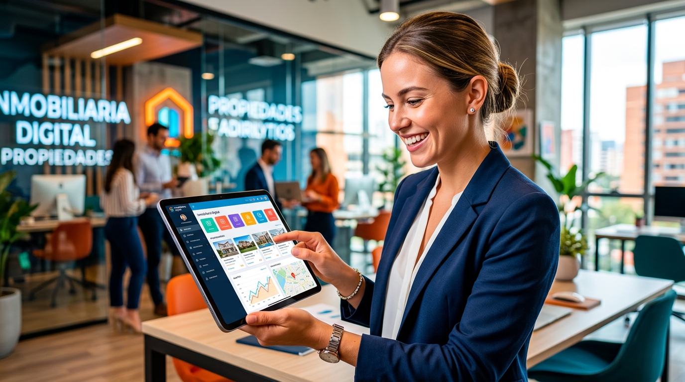 Digitaliza tu Inmobiliaria: La Plataforma a Medida que Impulsa Ventas Agente inmobiliario usando una tablet con software a medida para gestionar propiedades y clientes