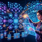 Diseño de base de datos escalable para apps y plataformas, con gráficos de nodos y conexiones que representan la arquitectura de datos.