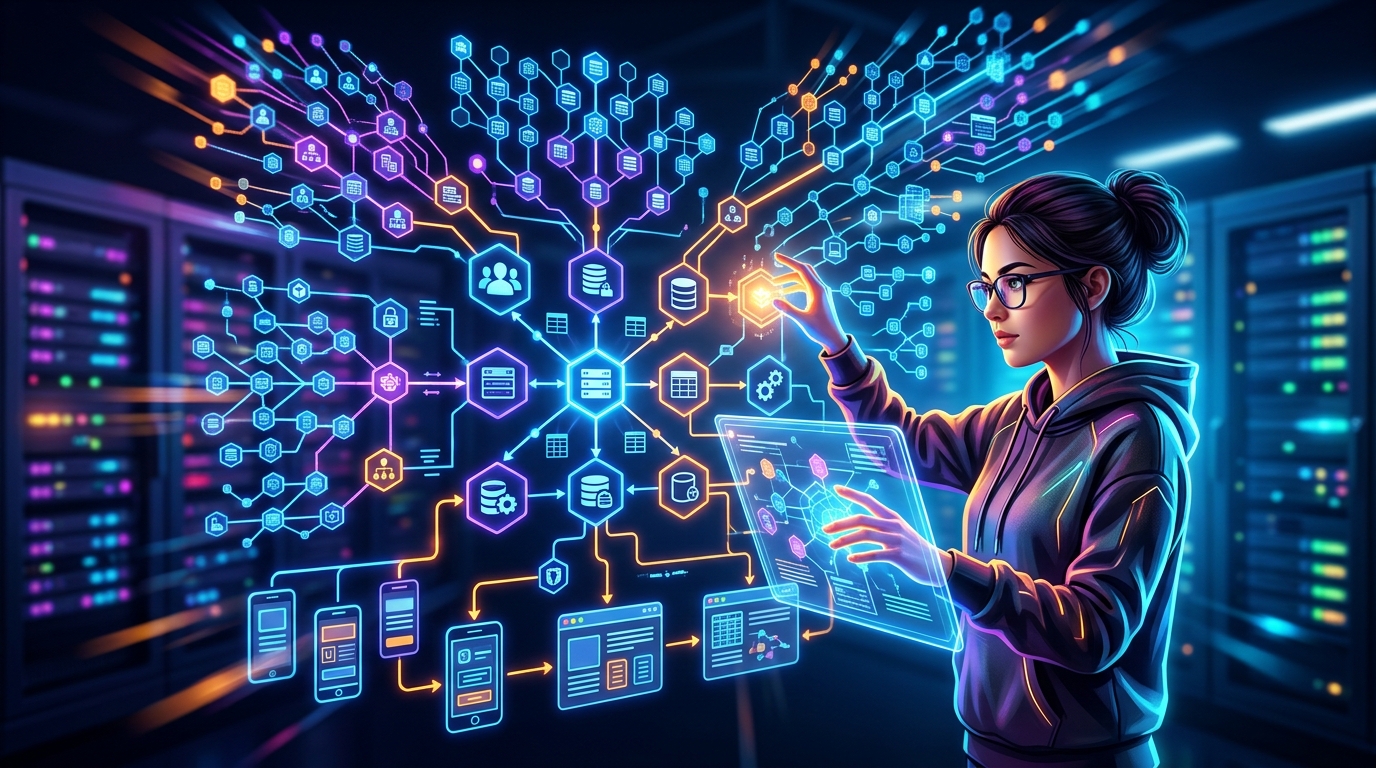 Diseño de Base de Datos Escalable: La Clave para tu App desde el MVP Diseño de base de datos escalable para apps y plataformas, con gráficos de nodos y conexiones que representan la arquitectura de datos.