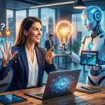 Un robot de IA ofreciendo una bombilla con el símbolo de una idea a un emprendedor sonriente, simbolizando oportunidades reales de negocio con IA.