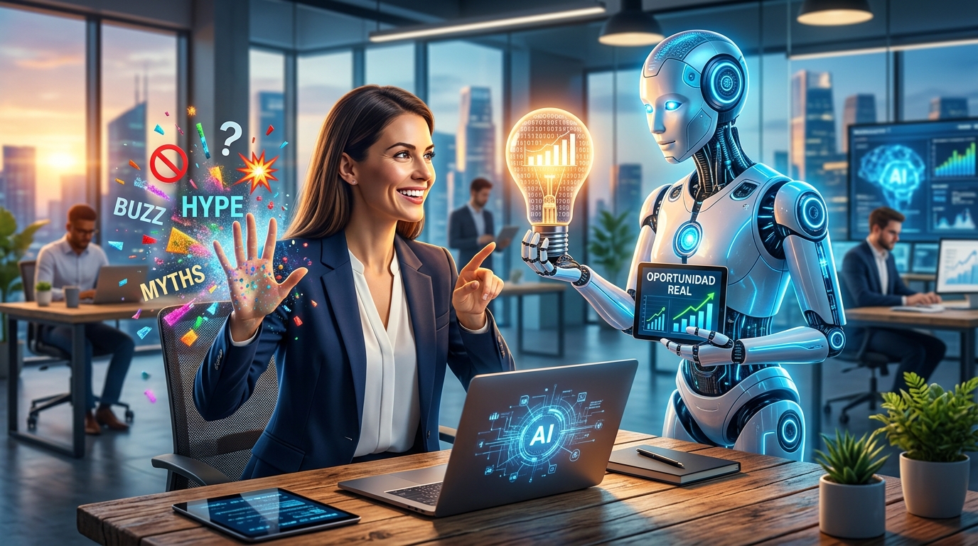 IA para Negocios: Cómo Detectar Oportunidades Reales y Evitar el Hype Innecesario Un robot de IA ofreciendo una bombilla con el símbolo de una idea a un emprendedor sonriente, simbolizando oportunidades reales de negocio con IA.