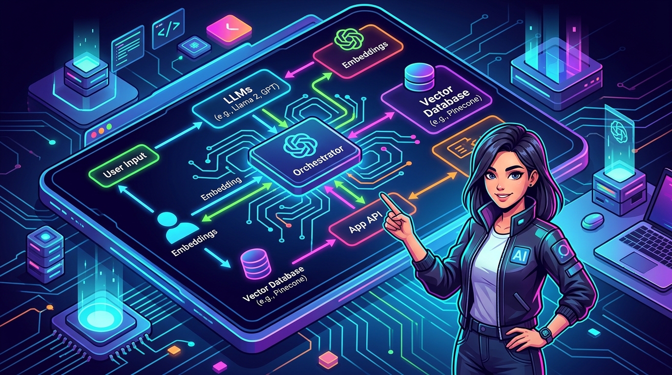 IA para Producto Digital: Convierte tu App en un Cerebro Autónomo Diagrama de arquitectura de IA para producto digital con componentes como LLMs, embeddings y orquestadores