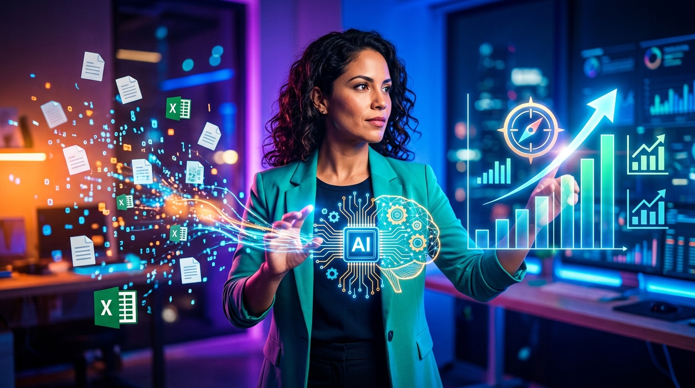 Inteligencia Artificial PYMES: Del Excel a las Decisiones Estratégicas y el Crecimiento Gráfico que muestra datos desorganizados transformándose en insights claros y decisiones estratégicas gracias a la Inteligencia Artificial para PYMES