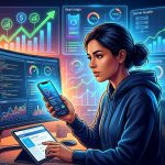 Persona revisando el mantenimiento de una aplicación móvil y una página web en diferentes pantallas, con gráficos de crecimiento y seguridad de fondo.