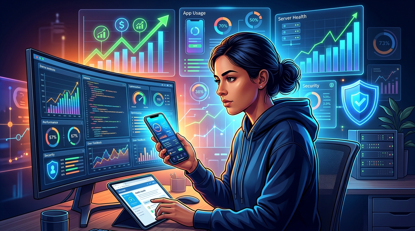 ¿Mantenimiento App y Web: Gasto o Inversión Estratégica para tu Negocio? Persona revisando el mantenimiento de una aplicación móvil y una página web en diferentes pantallas, con gráficos de crecimiento y seguridad de fondo.