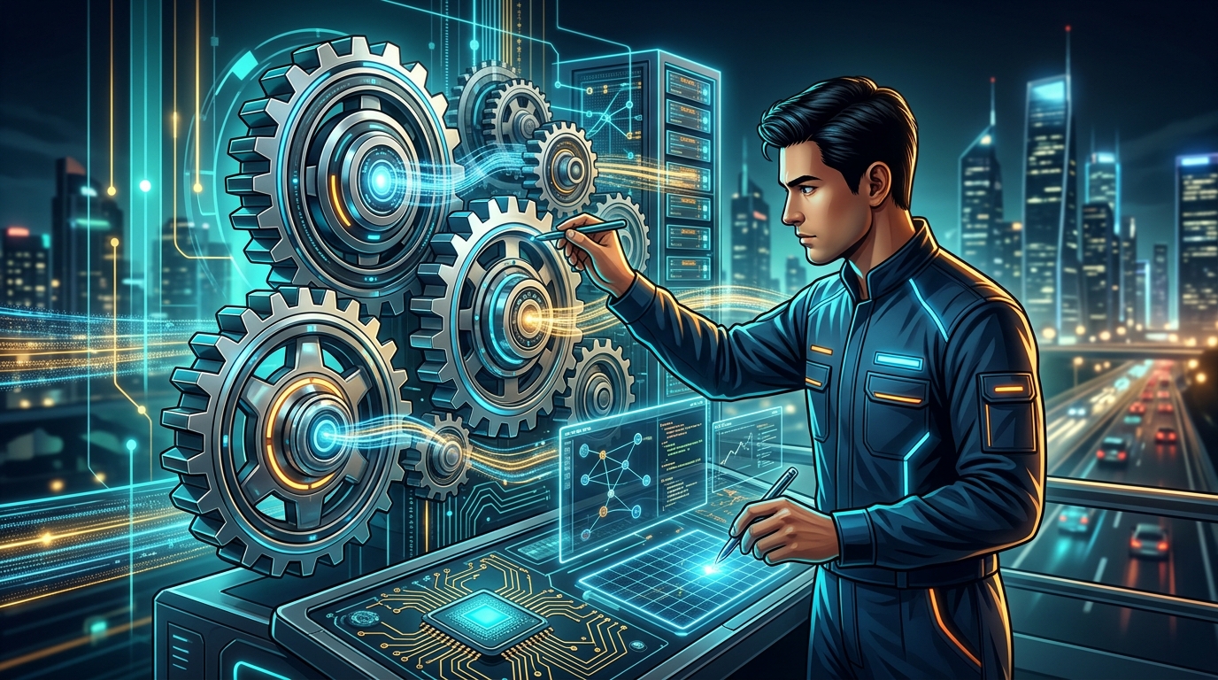 Mantenimiento de Apps y Webs: La Inversión Estratégica que Tu Negocio Necesita Engranajes funcionando sin problemas, representando el mantenimiento digital proactivo para el futuro de un negocio.