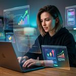 Un desarrollador optimizando el código para mejorar la visibilidad SEO de una aplicación móvil y una página web, con gráficos de rendimiento y elementos de código en pantalla.
